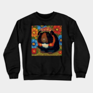 Pretty Black Guinea Pig With Red Flowers Crewneck Sweatshirt